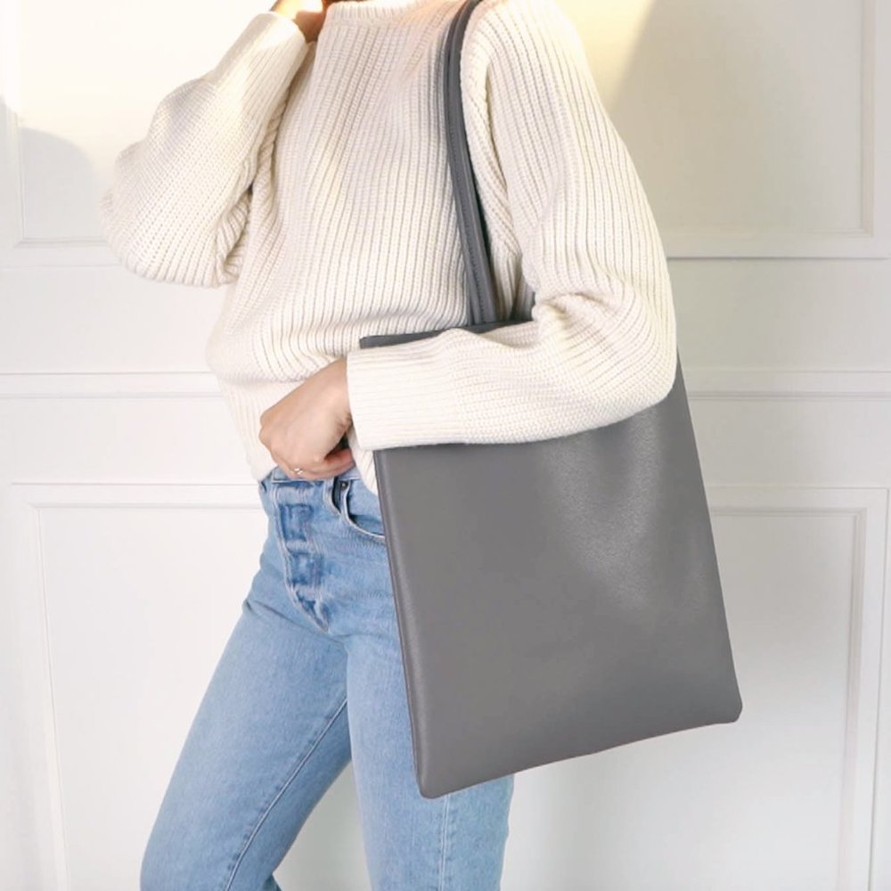 The Ava Genuine Minimal Leather Tote - Grey - Picture 3 of 14